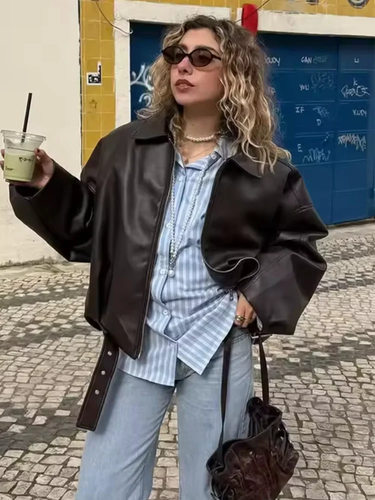 Chaquetas informales de piel sintética con cinturón para mujer, abrigos de calle holgados con cremallera de solapa a la moda, prendas de vestir Retro de manga larga, otoño 2025