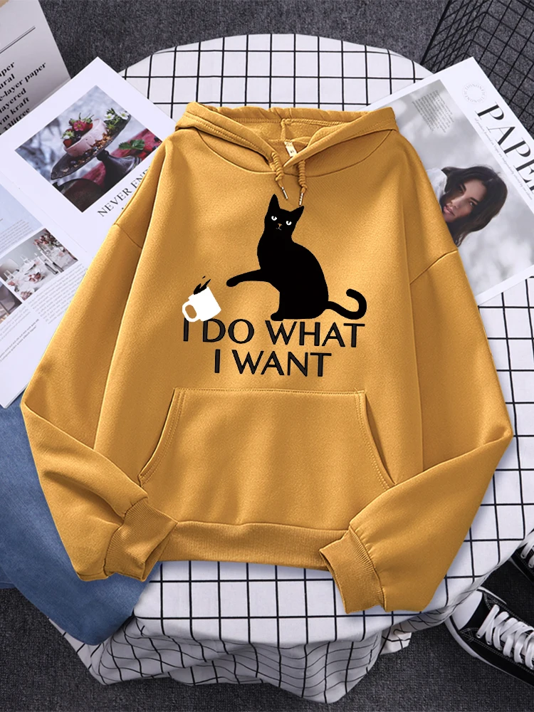 I Do What I Want Black Cat Printing Hoodies Female Fashion Casual Clothing Autumn Fleece Pullover Tops Loose Oversize Sweatshirt