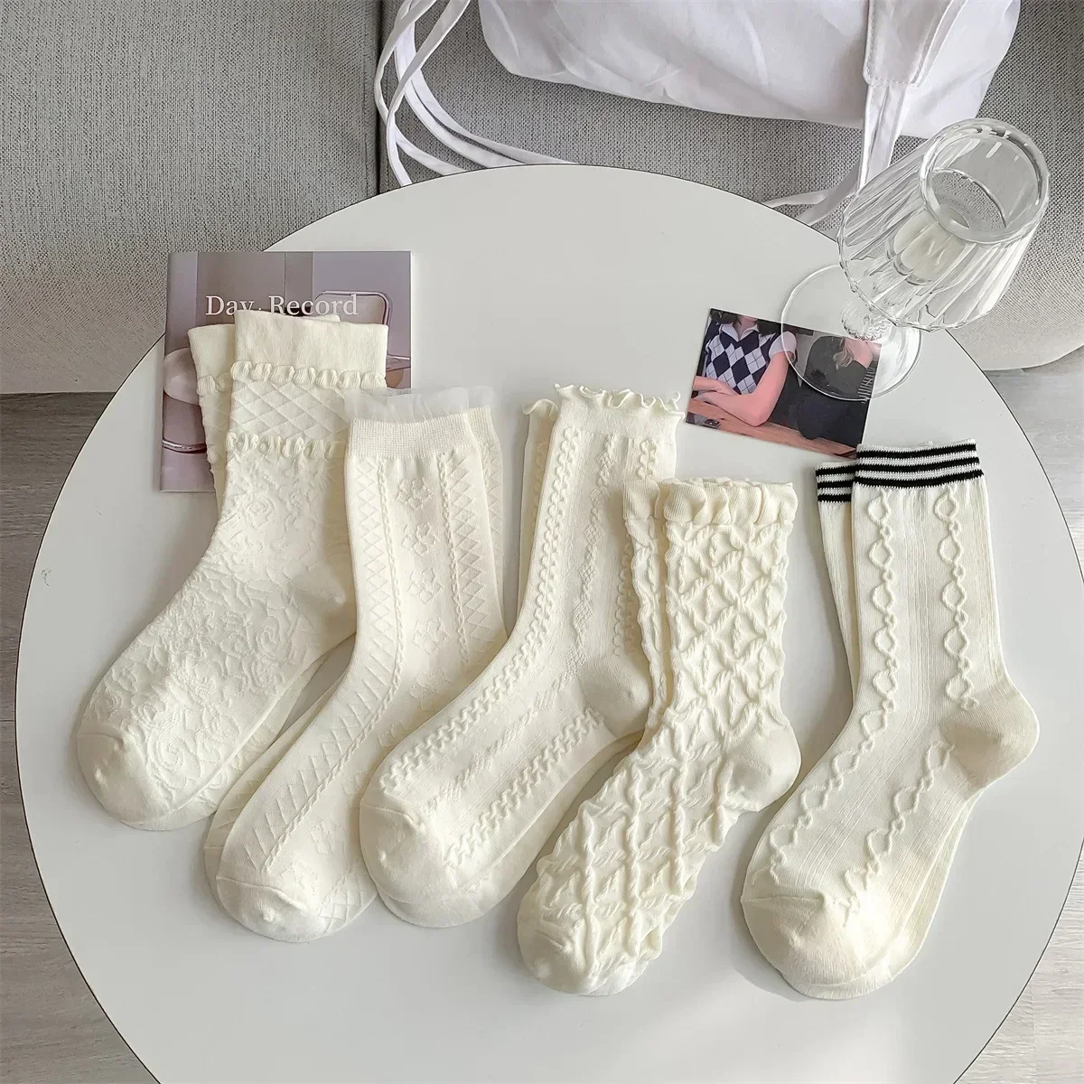 5PCS White Socks College Style Female New Milk White Relief Rhombic Fried Dough Twists Tube Socks with Fungus Edge Lace Socks