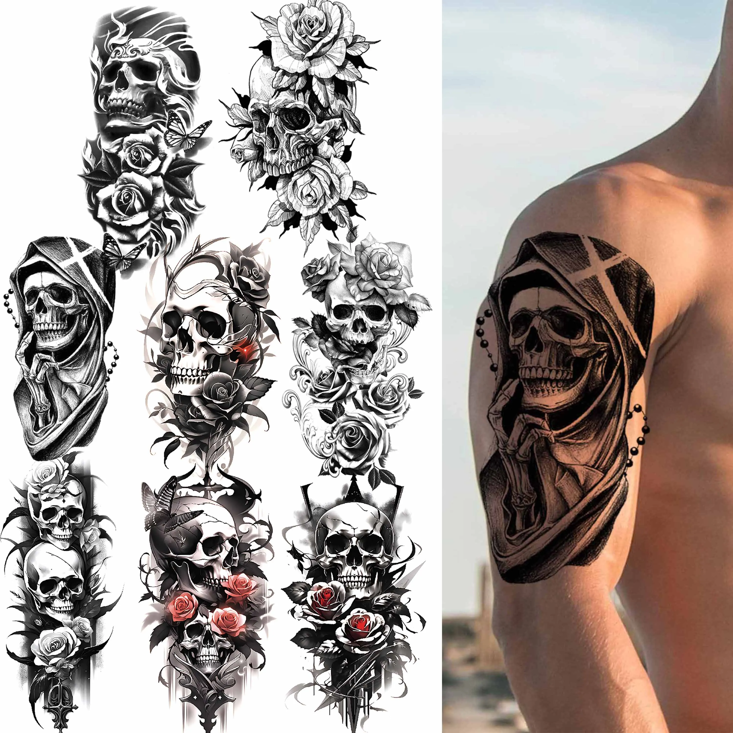 1 Sheet Skeleton Temporary Tattoos For Women Men Fake Death Skull Flower Tattoo Sticker Body Art Drawing Arm Forearm Waist Back