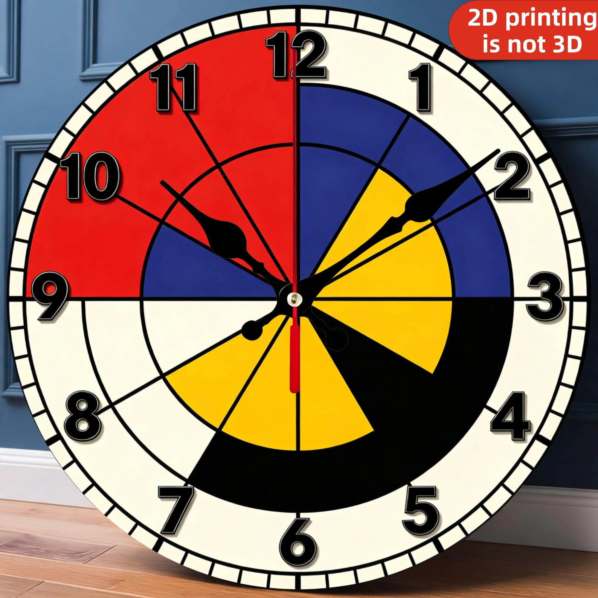 Bauhaus Geometric Wooden Wall Clock, 10/12 Inch Round Wood Clock, Silent Non Ticking Quartz Movement, Abstract Color Block Printed Home Decor
