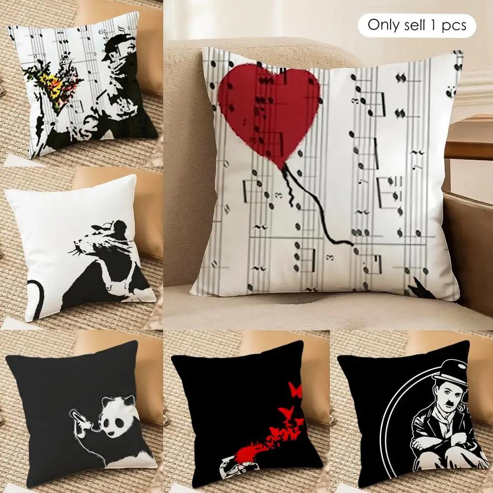 Graffiti Artist B-Banksy Cushion Cover Silky Short Plush Invisible Zipper Dustproof Sofa Pillow Case For Home Decor