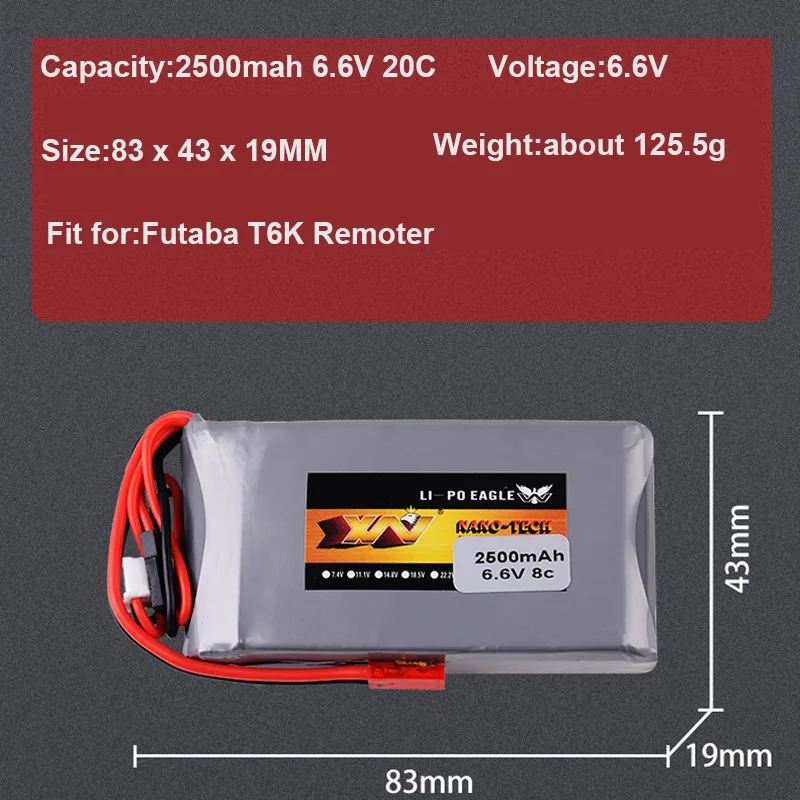 2S 6.6V 2500mah Lipo Battery 8C JST Connector for Futaba Radios 14SG 16SZ 18SZ 4PLS T6K RC Radio Remote Control Transmitter Part