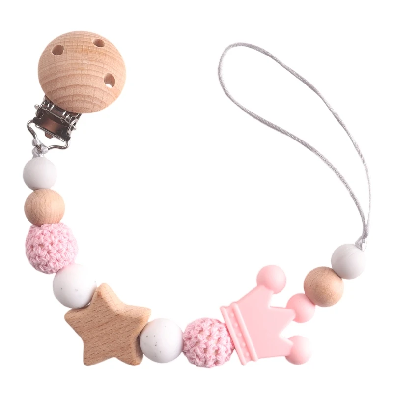 Baby Pacifier Chain Clips Wood Pentagram Teether Silicone Round Beads Teething Chain For Care Soother Chew Toys