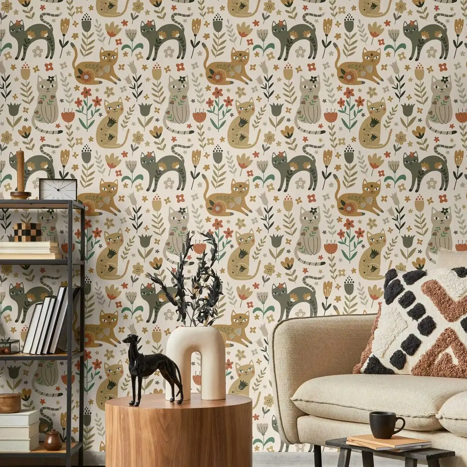 Cats Wallpaper Peel and Stick,Floral Boho Unique Whimsical Wall Mural For Home Decor,Neutral Nursery Decor Animal Wall Papers