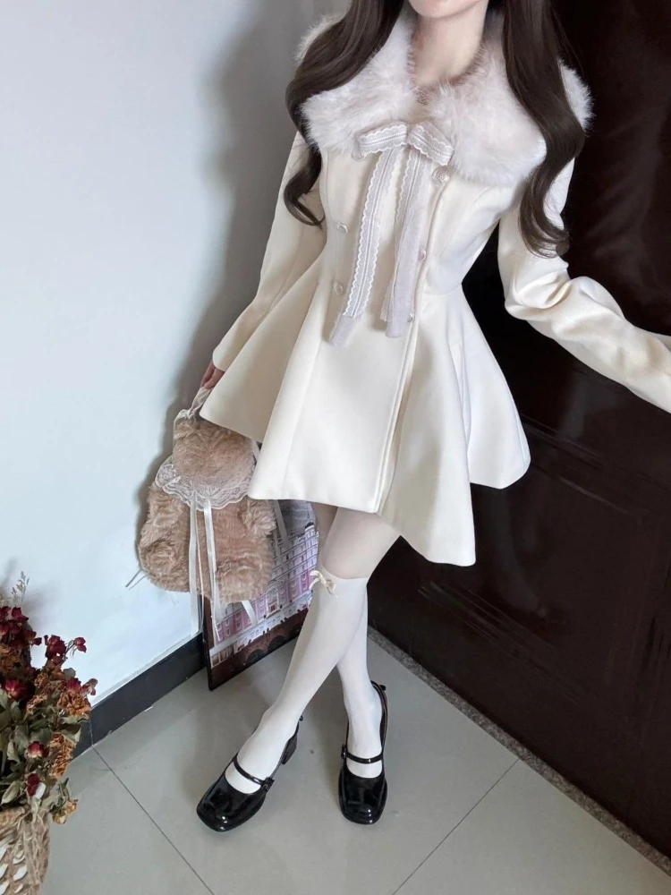 프렌치 스타일 페이크 퍼 칼라 슬림핏 코트 드레스 여성 가을 겨울 솔리드 엘레강트 드레스 따뜻한 캐주얼 한국 패션 드레스