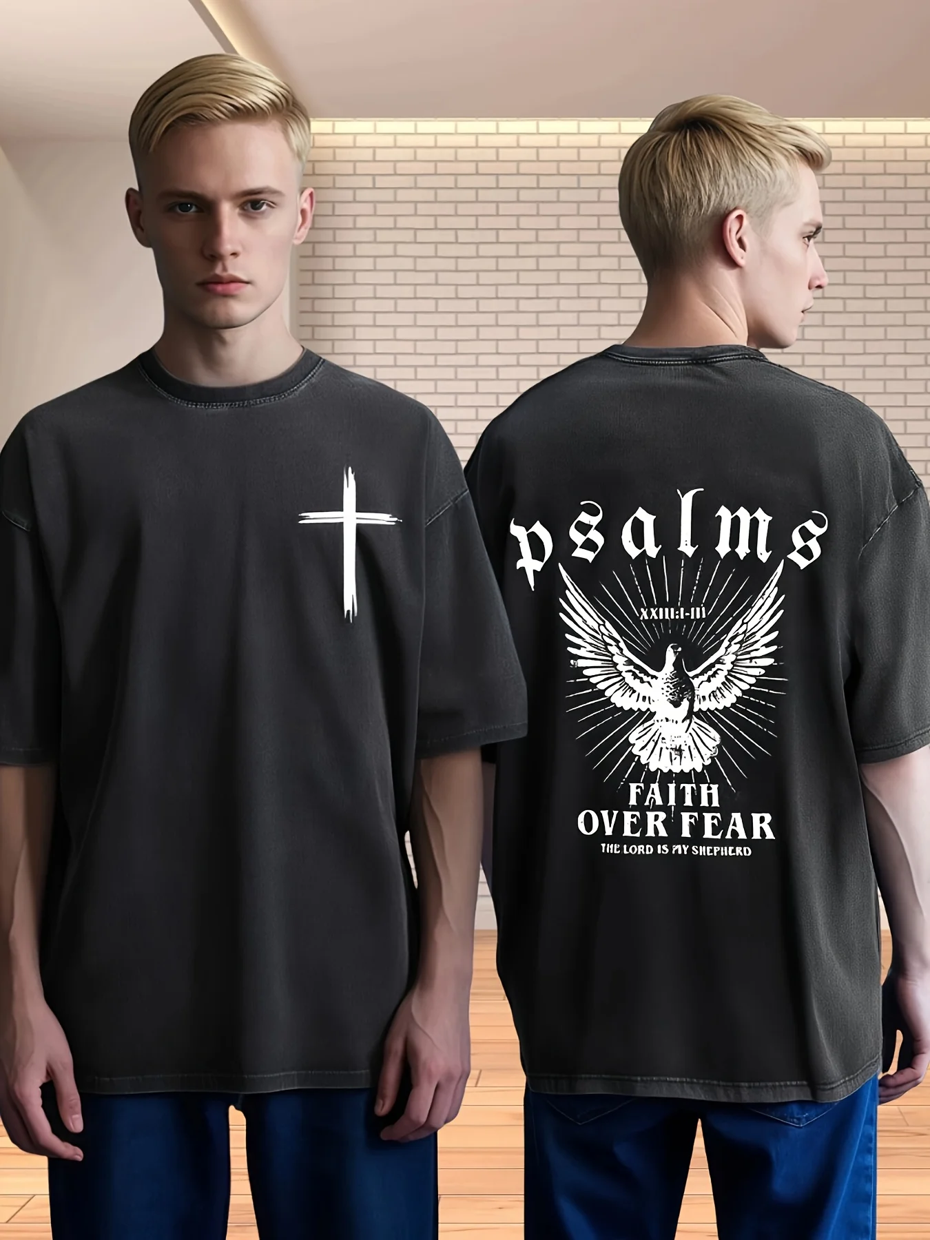 مزمور 27:1 طباعة مزدوجة الجوانب بنمط متقاطع، تي شيرت رجالي، بلوزة بأكمام قصيرة، ملابس الشارع