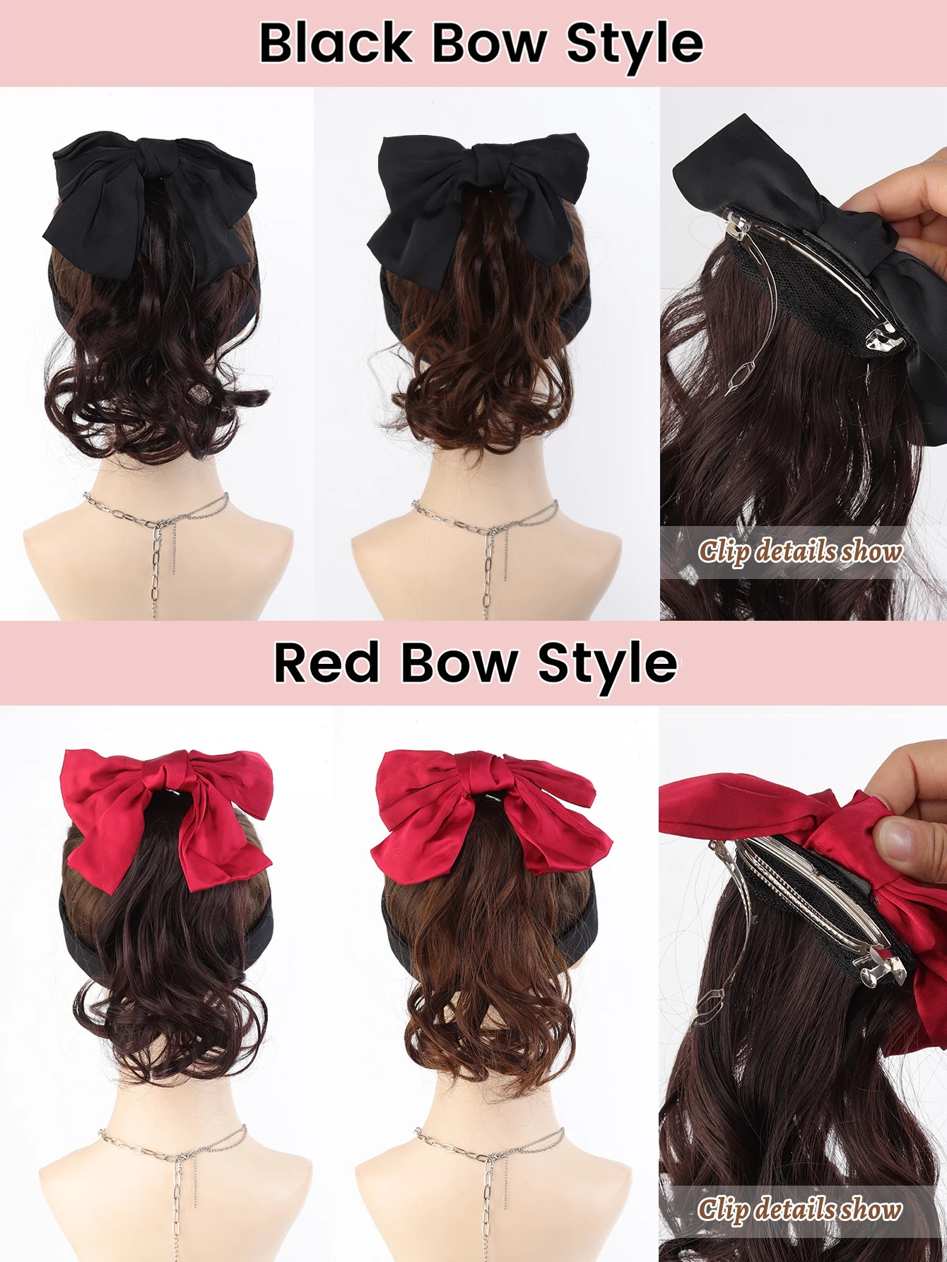 OLACARE Women's Short Curly Hair Elegant Big Bow Hair Clip Bow Short Ponytail Easy To Wear Children's Wig Accessories Wig