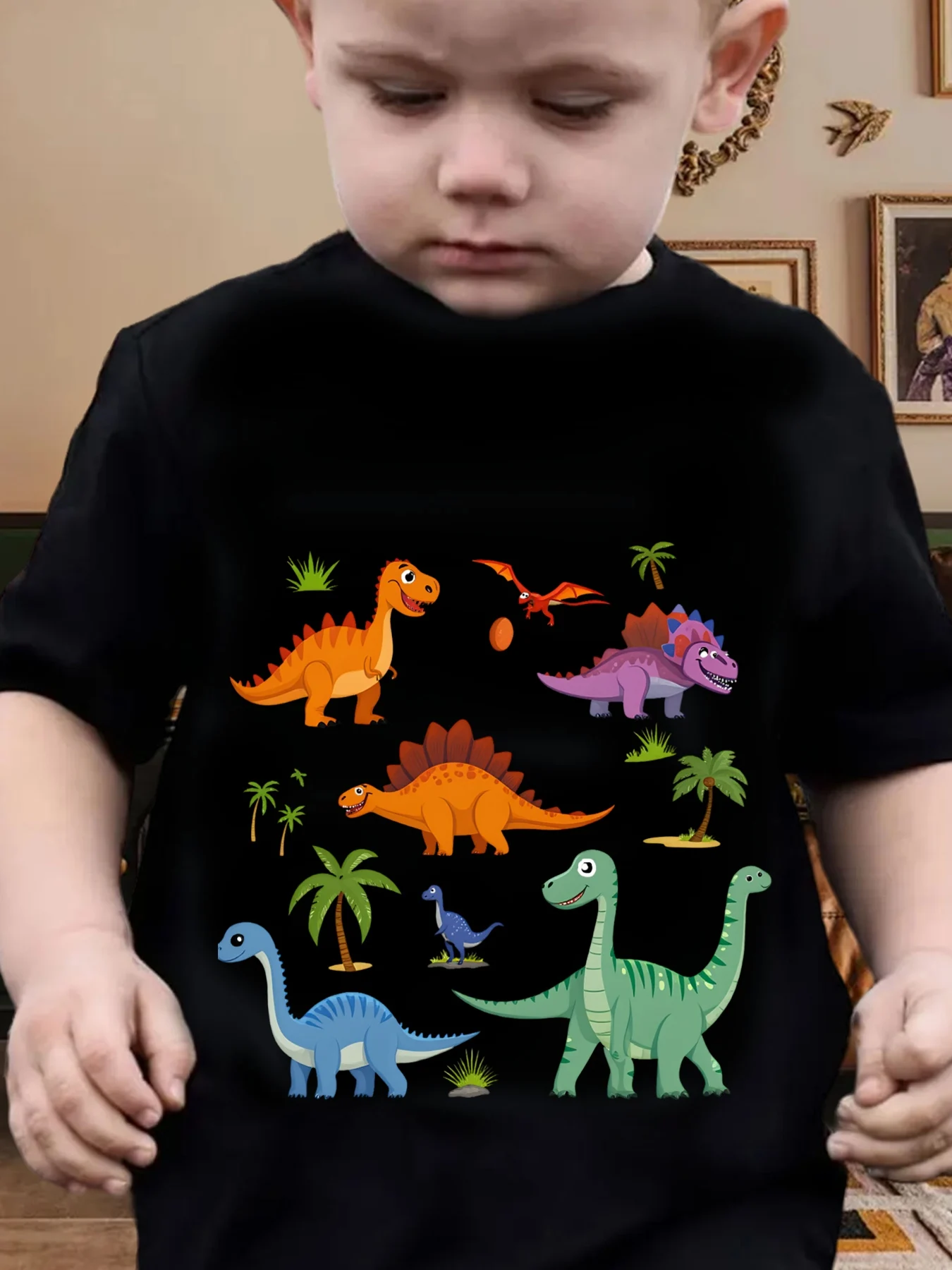 Toddler Boys Cool Street‑Style Tee, Cartoon Anime Little Dinosaur Print O‑Neck Short‑Sleeve Top for Daily Wear & Holiday Party