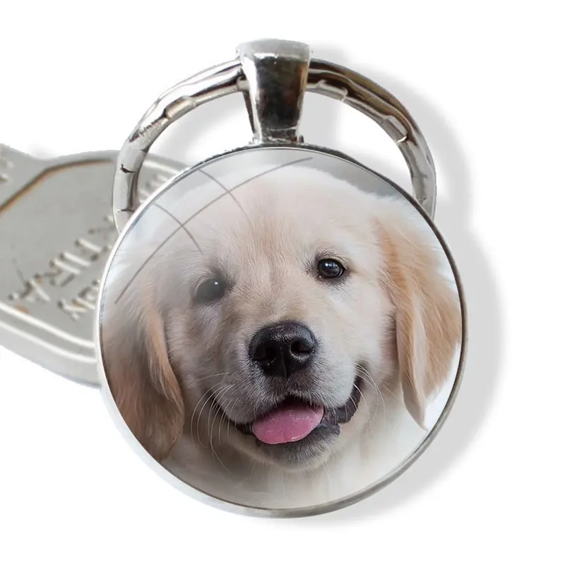 Fashion Design Cartoon Creative Keychain Handmade Glass Cabochon Key Ring Holder Pendant Key Chains Popular Golden Retriever Dog