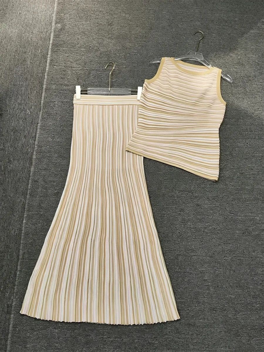 GALCAUR Colorblock Spliced Stripe Slimming Two Piece Set for Women Round Neck Sleeveless Top High Waist Midi Skirt Sets Female
