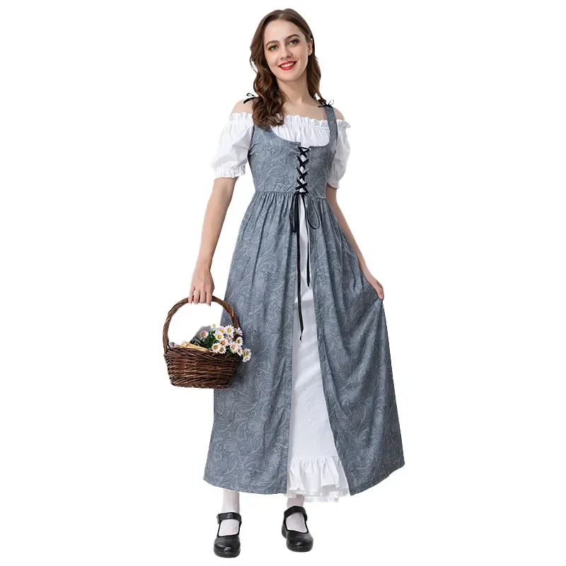 

Halloween Adult Renaissance Off The Shoulder Straps Waist Patchwork Dress Costumes
