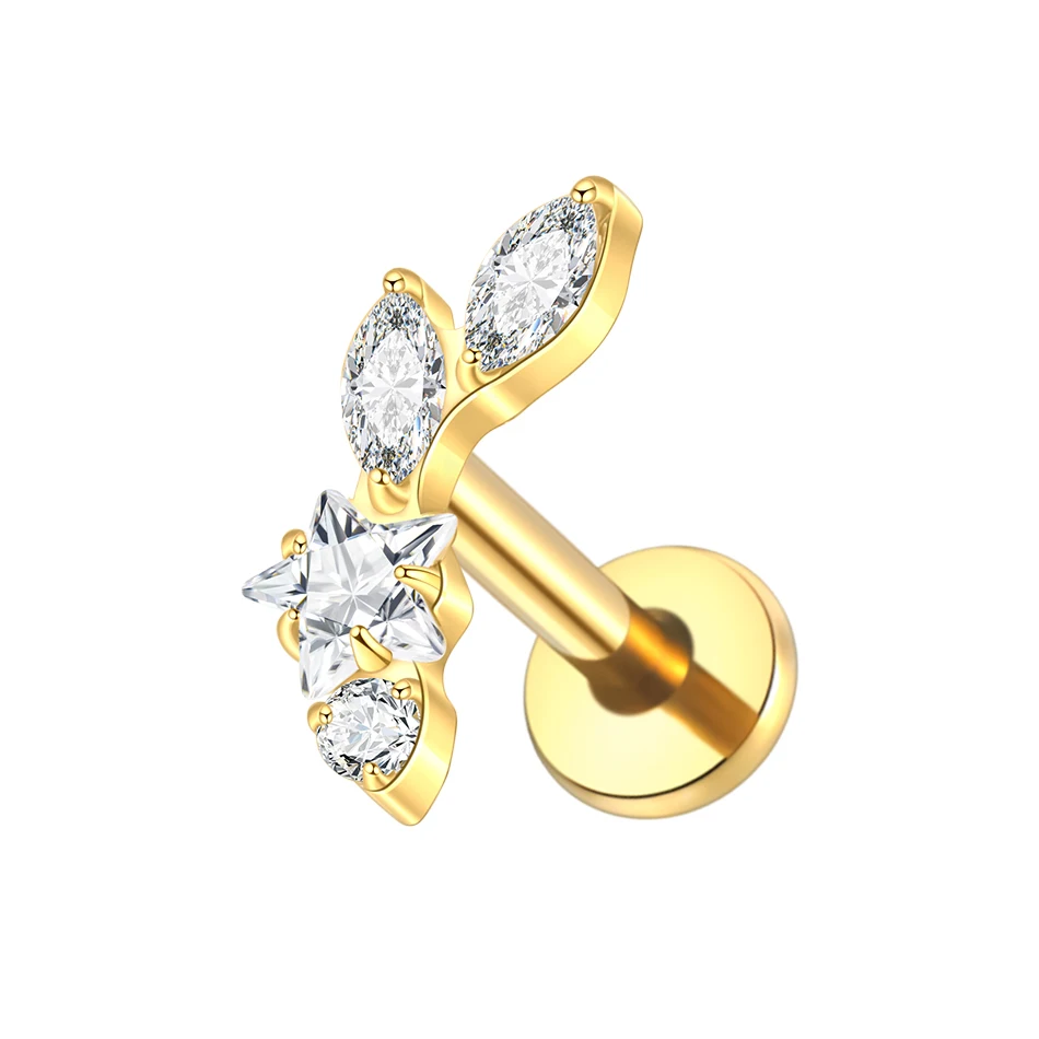 1PC Titanium Oorkraakbeen Piercings Platte Achterkant Stud Oorbel Interne Draad Vlinder Kruis CZ Helix Tragus Piercing Sieraden 16G
