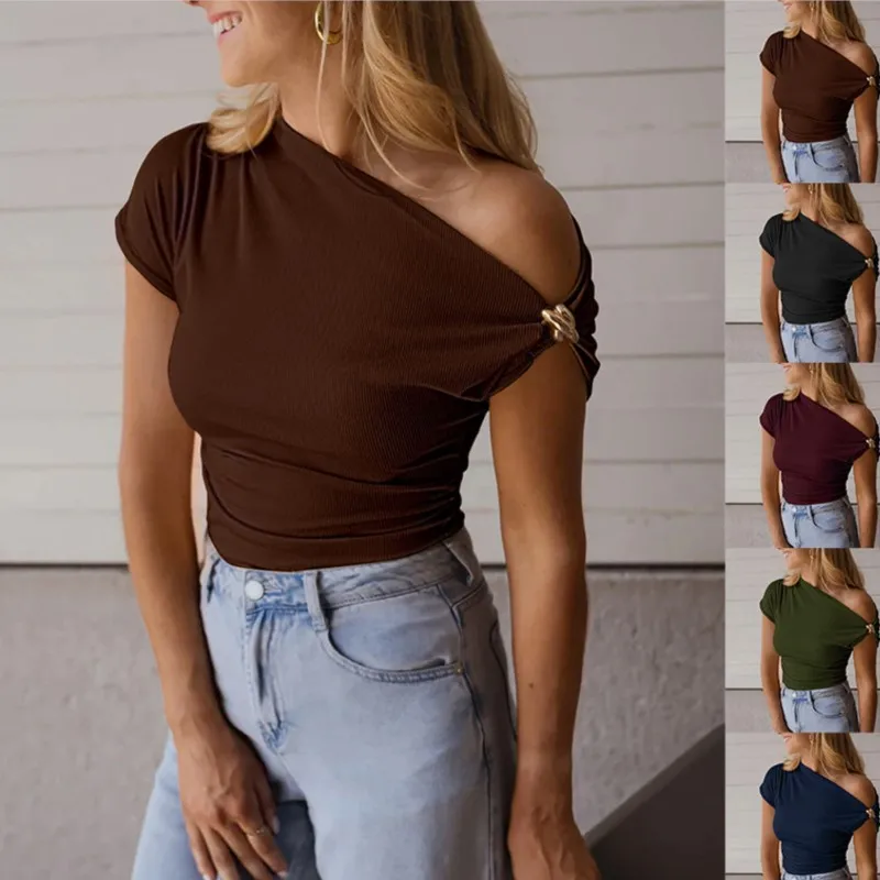 Women's New Summer Short Sleeve Blouses T-shirt Fashion Slim Fit Pit Solid Green Metal Decorative T-shirt Shirt Women Clothing