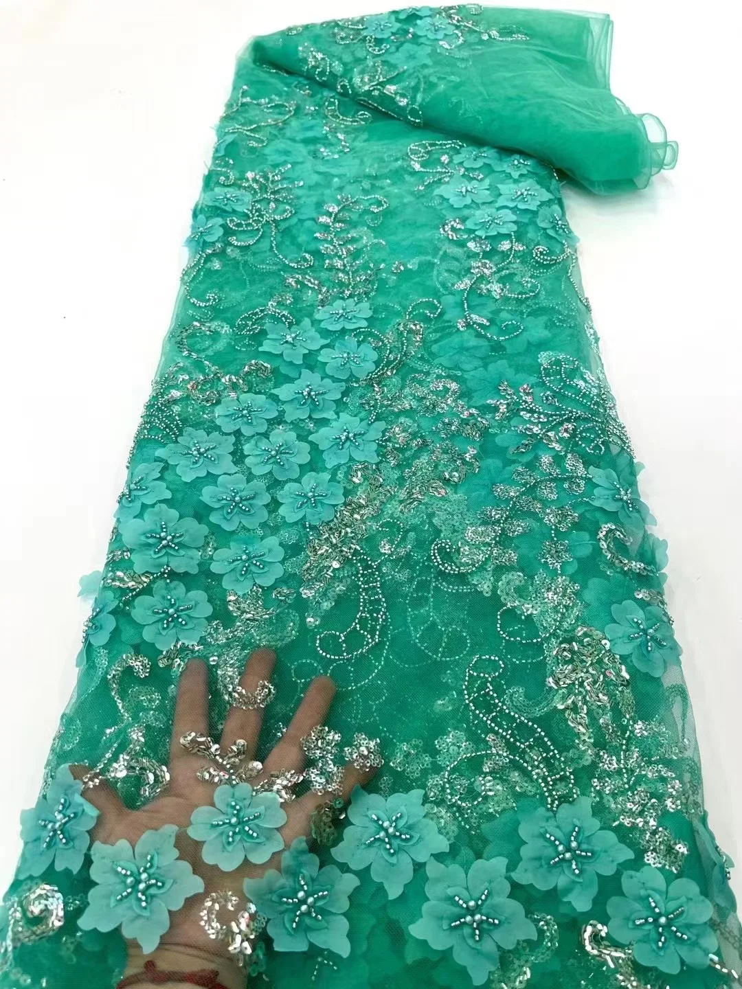 

Luxury Green French Sequin 3D Flowers Lace Fabric For Evening Dress 2022 African Nigerian Tube Beads Lace Party Fabric LFJ2206