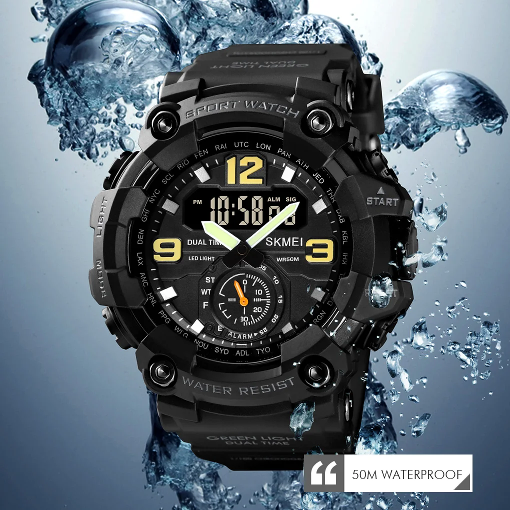 SKMEI 1637 montre homme Shockproof Digital Men Watch Dual Movement 3 Time Sport Wristwatch Mens Waterproof Electronic Watches