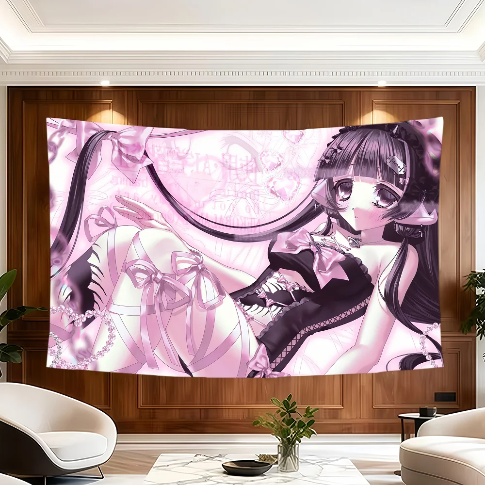 VIKAMA Pink Black Girl Tapestry Wall Hanging Home Decor for Bedroom Living Room Dorm Sweet Cool Bow Japanese Aesthetic