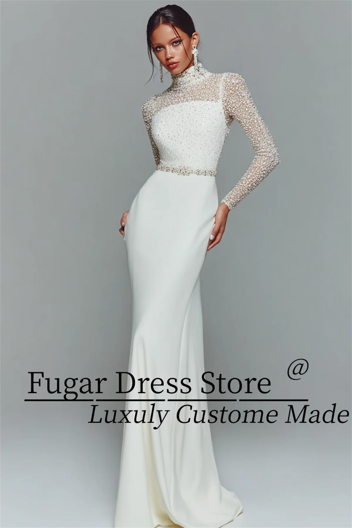 

TIANTIAN торжественное платье индивидуального размера, белое платье-футляр с иллюзией шеи, расшитое бисером шифоновое платье макси, роскошное Vestidos de fiesta elegantes