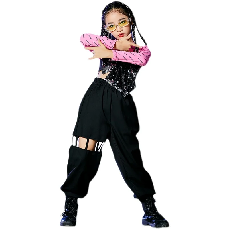 Bambini HipHop Jazz Performance costumi ragazze Street Dance abbigliamento top rosa gilet con paillettes pantaloni neri abiti da Festival DWY7255