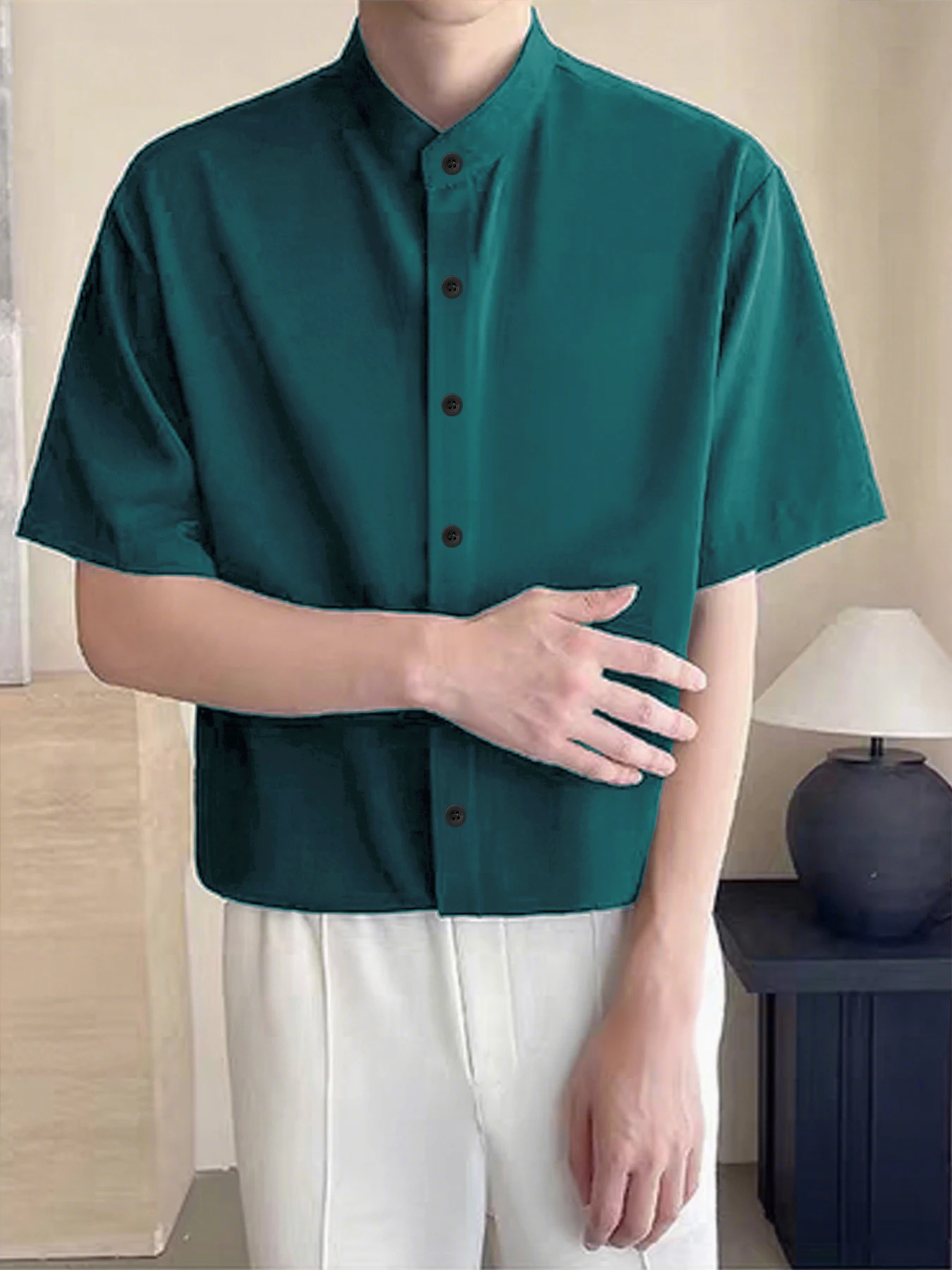 

Летняя однотонная рубашка с короткими рукавами и воротником-стойкой, однотонная универсальная повседневная летняя модная рубашка с короткими рукавами