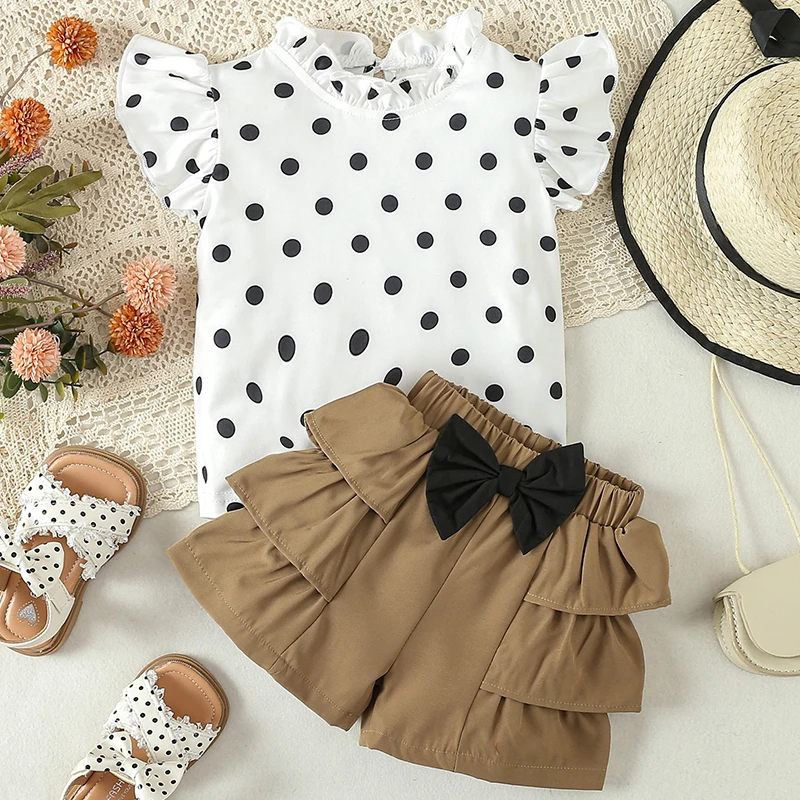 

2Piece Girls Summer Outfit Sets Korean Fashion Cute Dot Cotton Sleeveless Baby Tops+Bow Shorts Kids Boutique Clothes BC1076-1