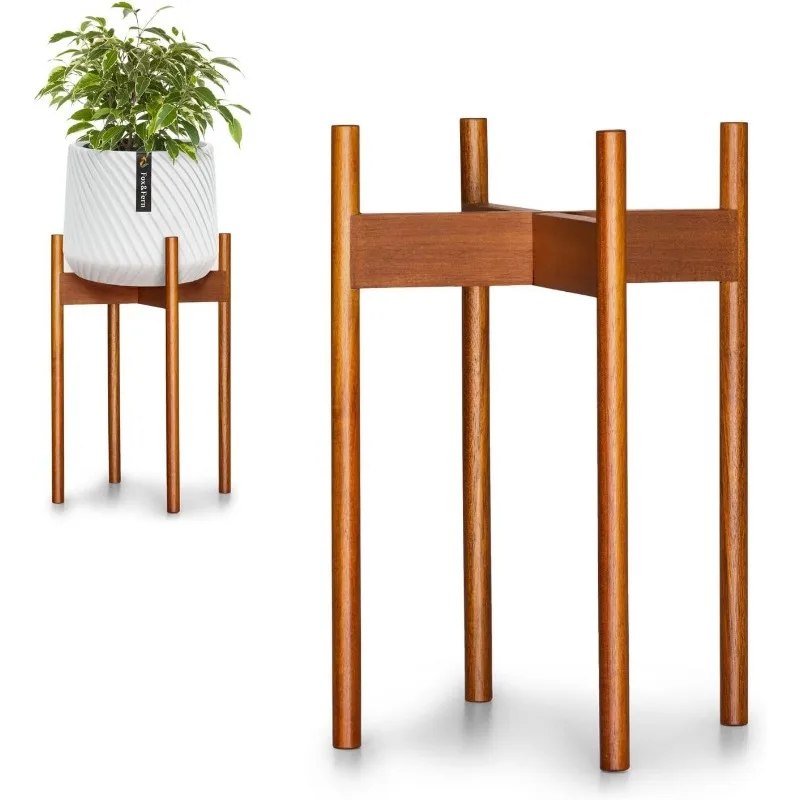 Mid Century Tall Plant Stand — 10 Inch Fixed Size Raised Wooden Plant Stand for Indoor Planters; Modern Flower