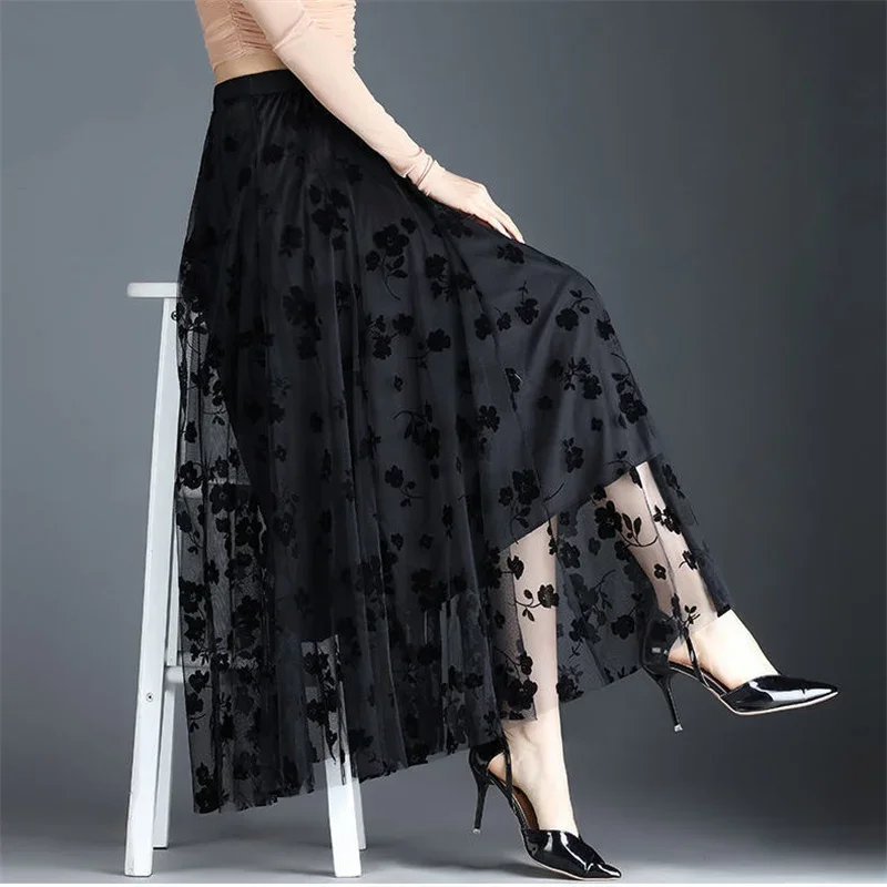 Pop High Waist Long Mesh Skirt Tulle Skirt Women 2025 Spring Summer Elastic High Waist Women Pleated A-line Skirt Female Midi Sk