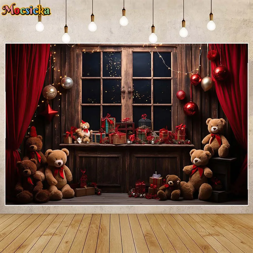 

Mocsicka Christmas Background Wood Wall Window Bear Girl Portrait Photography Backdrop Red Curtains Photo Studio Photocall Props