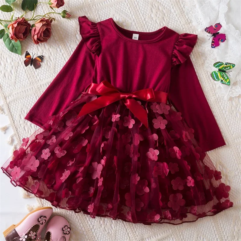 2024 Autumn Kids Clothes for Long Sleeve New Children\'s Floral Party Winter Mesh Dresses for Girls 2-6Y Baby Girl Casual Costume