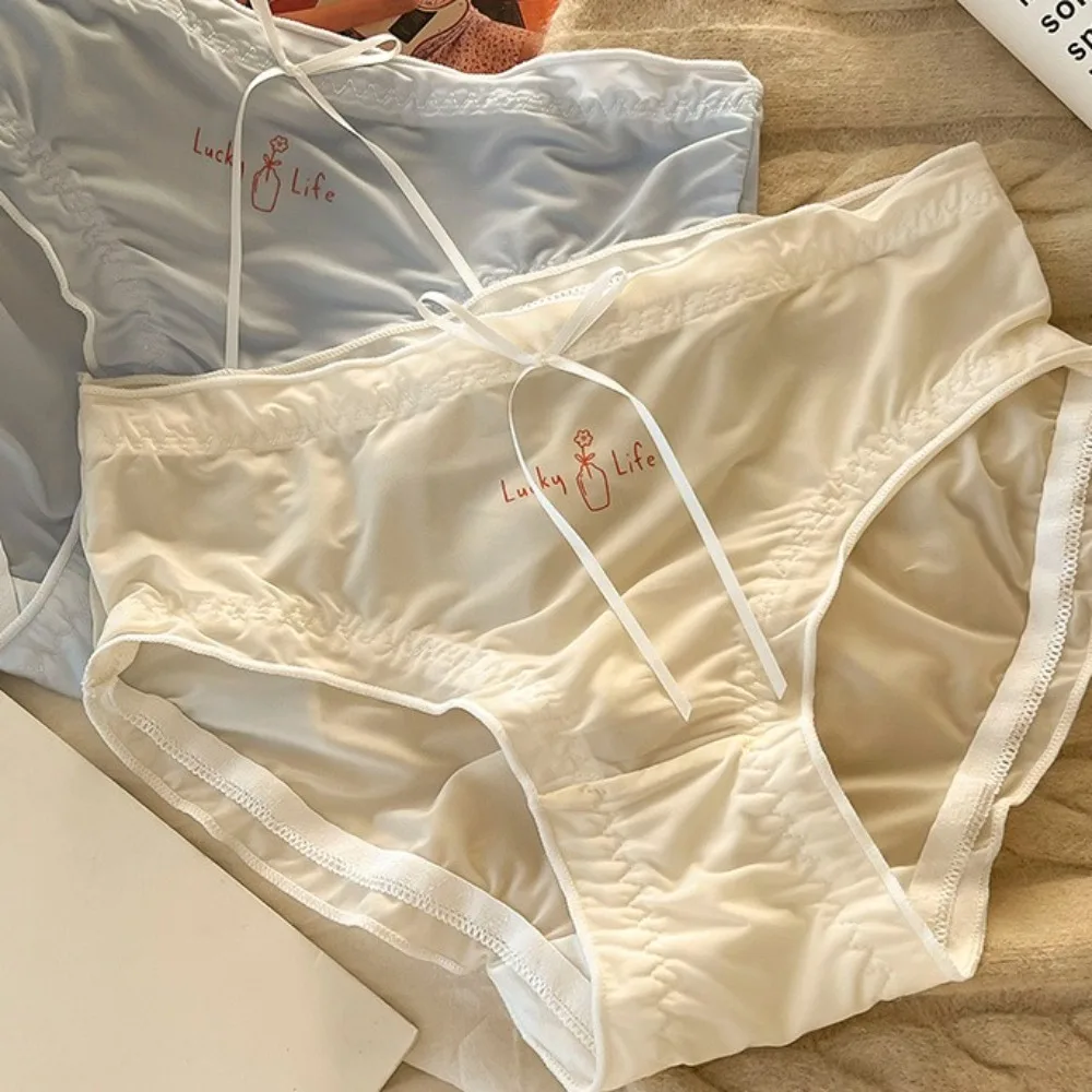 

Letter Print Ice Silk Panties Mid Waist Female Underwear Ruffle Satin Briefs Solid Color Simple Women's Underpants Ladies