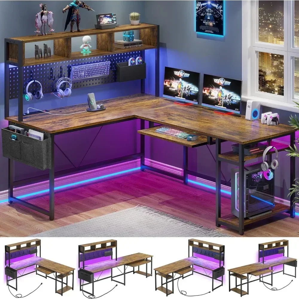 L Shaped Computer Desk com luzes LED, mesa de canto reversível com Power Outlet e Pegboard