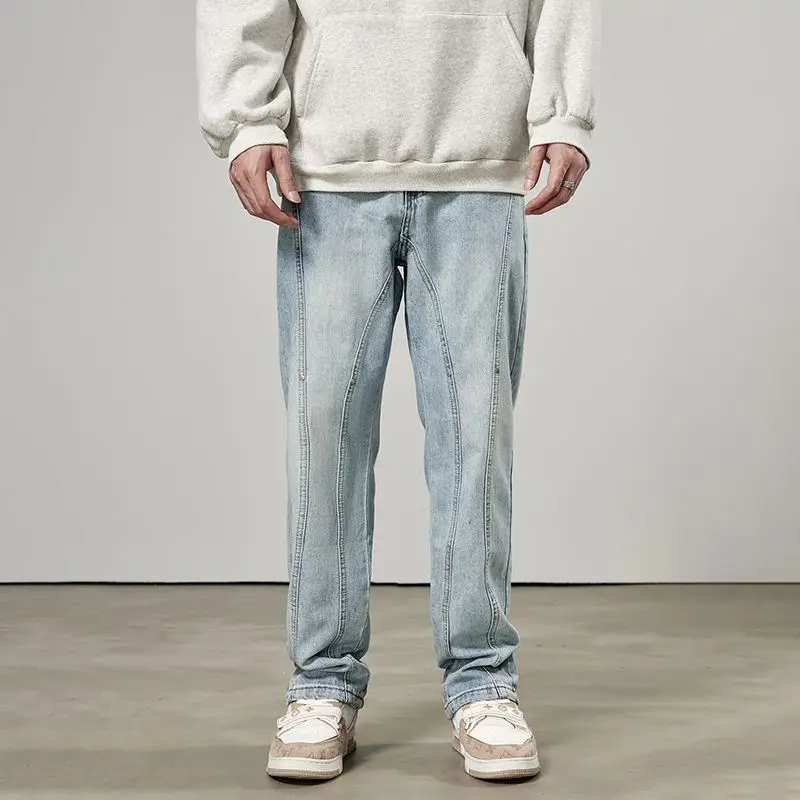 بنطال جينز رجالي فضفاض ذو قصة أرجل مستقيمة باللون البني الأصفر