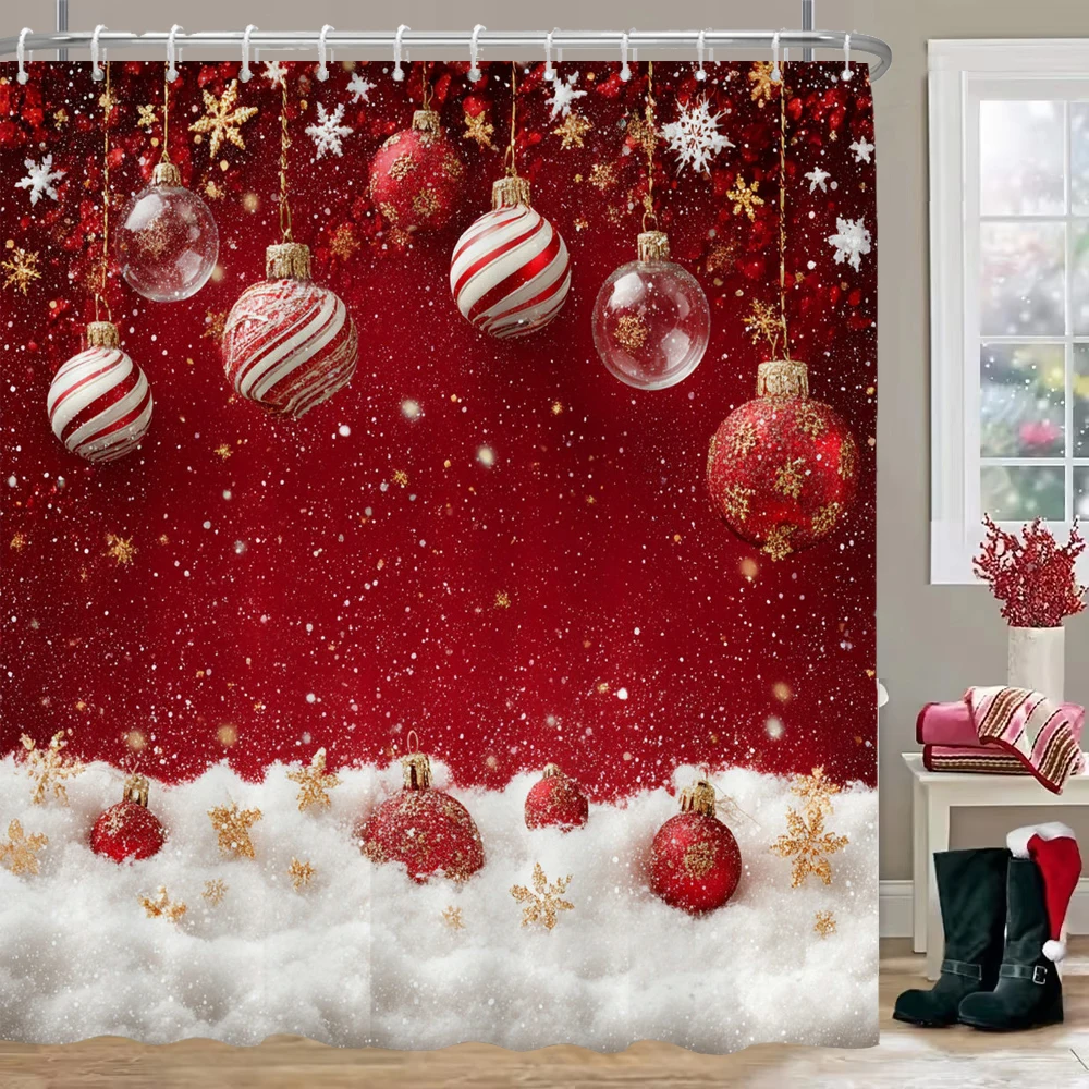 

GAEChristmas Shower Curtain, Red Christmas snowflake bell Bathroom Curtain Decoration Set With Hook Fabric Christmas Gift