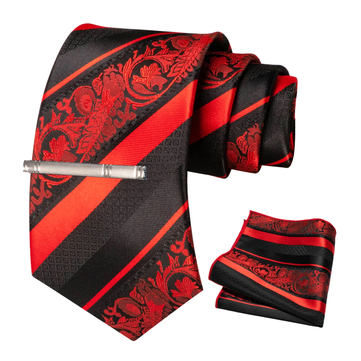 Klassische Herren-Krawatte mit Blumenmuster, 8 cm, Seidenkrawatten-Set, Einstecktuch, Krawattenklammer, Business-Anzubehör, Bräutigam-Hochzeitskrawatte – Detail 5