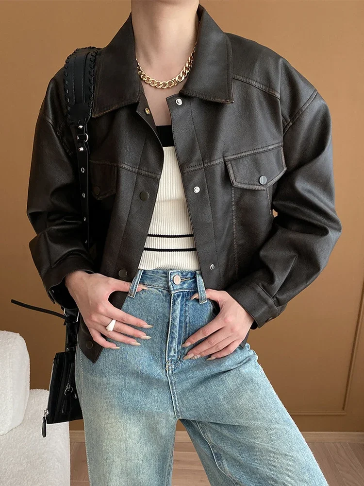 Vintage Casual Faux Leather Women Jacket Spring Autumn 2025 Simple Classic Lapel Short Leather Jackets jaqueta de couro feminina