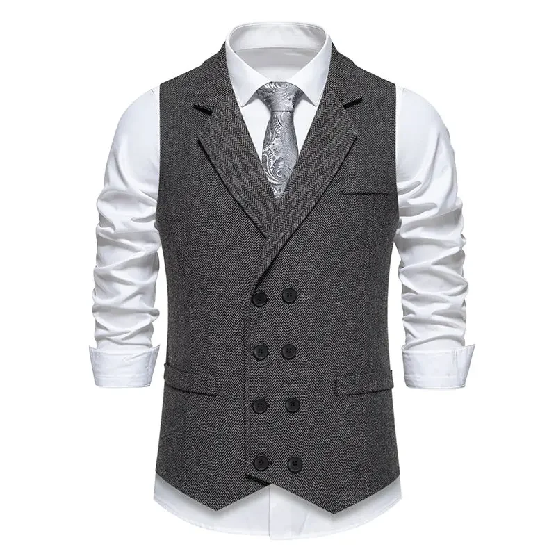 Fashion Men\'s Tweed Casual Vest Slim Fit Leisure double-breasted Herringbone Business Coffee Waistcoat Blazer Mens Clothing