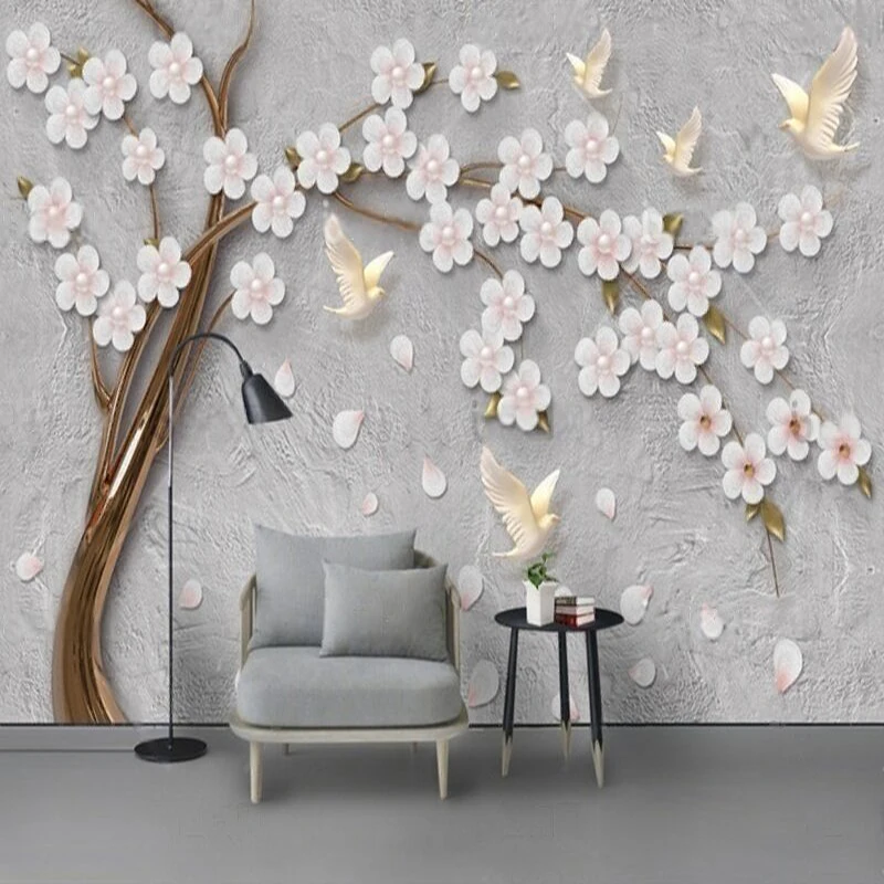 

Modern and elegant embossed white flower and bird custom TV luxurious home decoration background wall