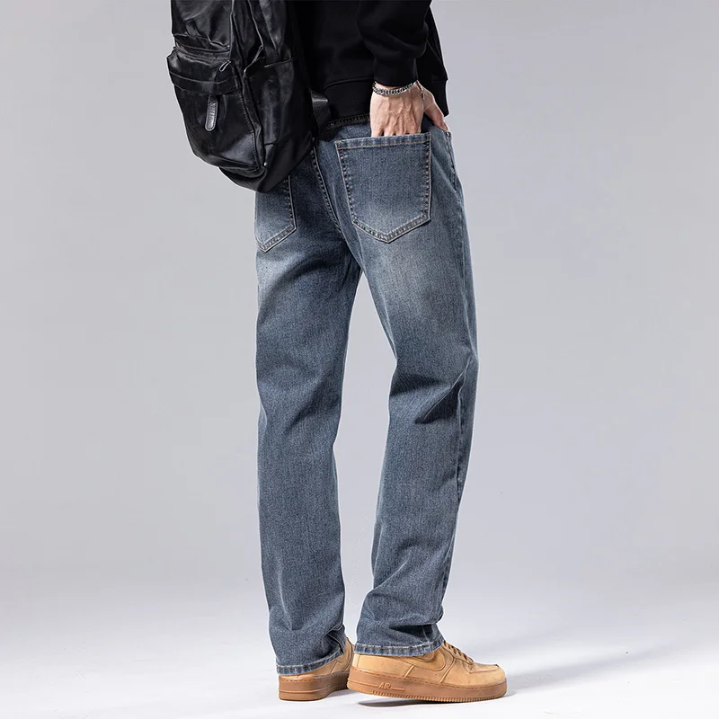 Classic Men's Business Casual Jeans Fashionable Straight Stretch Loose Denim Pants Autumn and Winter Men's Thick Pants