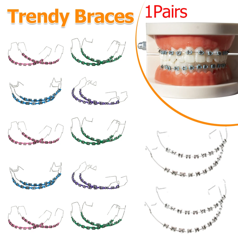 

1 Pair Trendy Braces Colorful Temporary Dental Fake Braces with Metal Wires & Bracket Orthodontic Ligature Ties Tooth Decoration