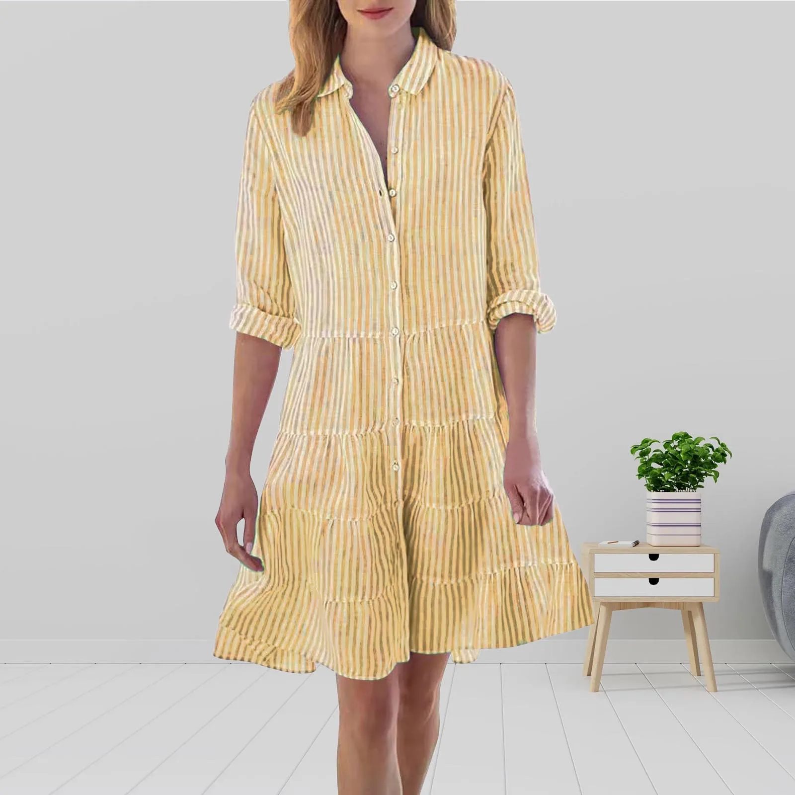 

Summer Shirt Dress Women's Plaid Dress Fashion Button Up Casual Sundress Ruffled Hem Office Mini Dresses For Woman Vestidos