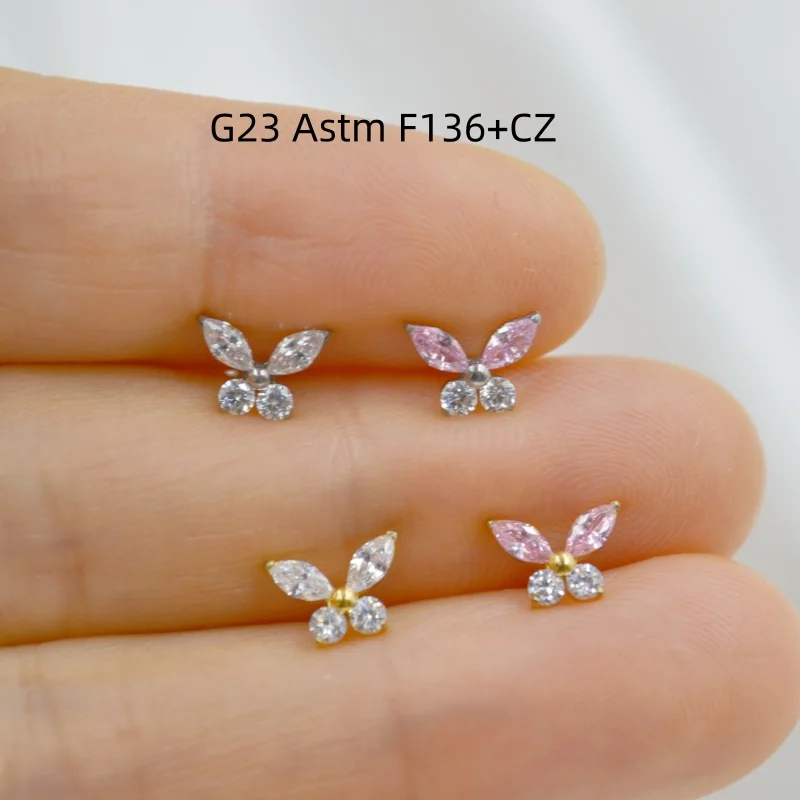 10pcs G23 Titanium Astm F136 Butterfly CZ Internal Thread Lip Labret Bar Ear Helix Tragus Rook Barbells Stud Piercing Jewelry