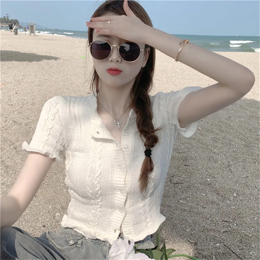 Korean Style Fashion White Cardigan Women Summer Ruffles Striped O-neck Sweet All-match Casual Students Stylish Cropped Tops