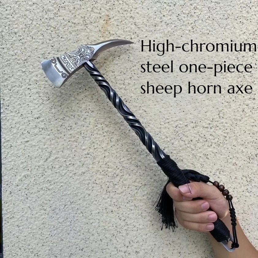 

High-chromium Steel Hand-forged Twisted One-piece Sheep Horn Axe A Multi-functional High-end Outdoor Camping Survival Hand Tool