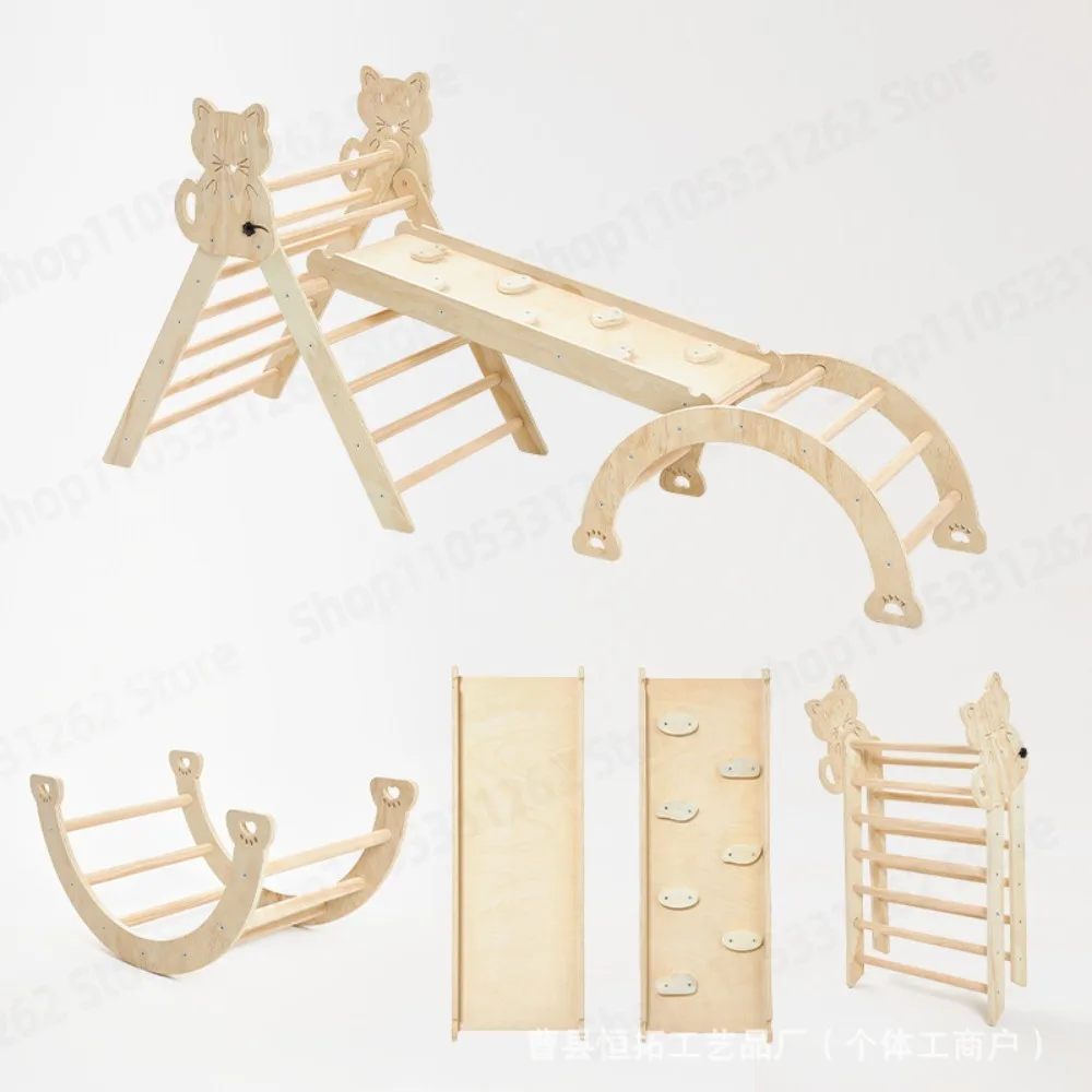 Kids Indoor Wooden Climbing Frame Set Rainbow Arch Climber Slide Rock Climbing Playset For Kindergarten Physical Training