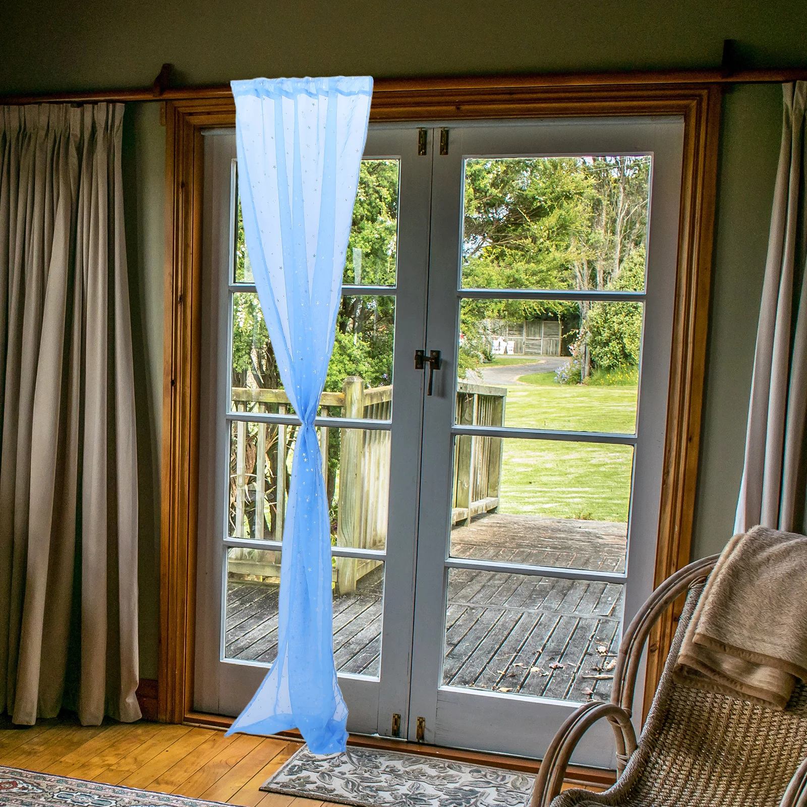 

Silver Star Foil Window Screening Sheer Curtains Blue 100x270cm Star Patterns Romantic Voile Curtains for Kids Bedroom Living