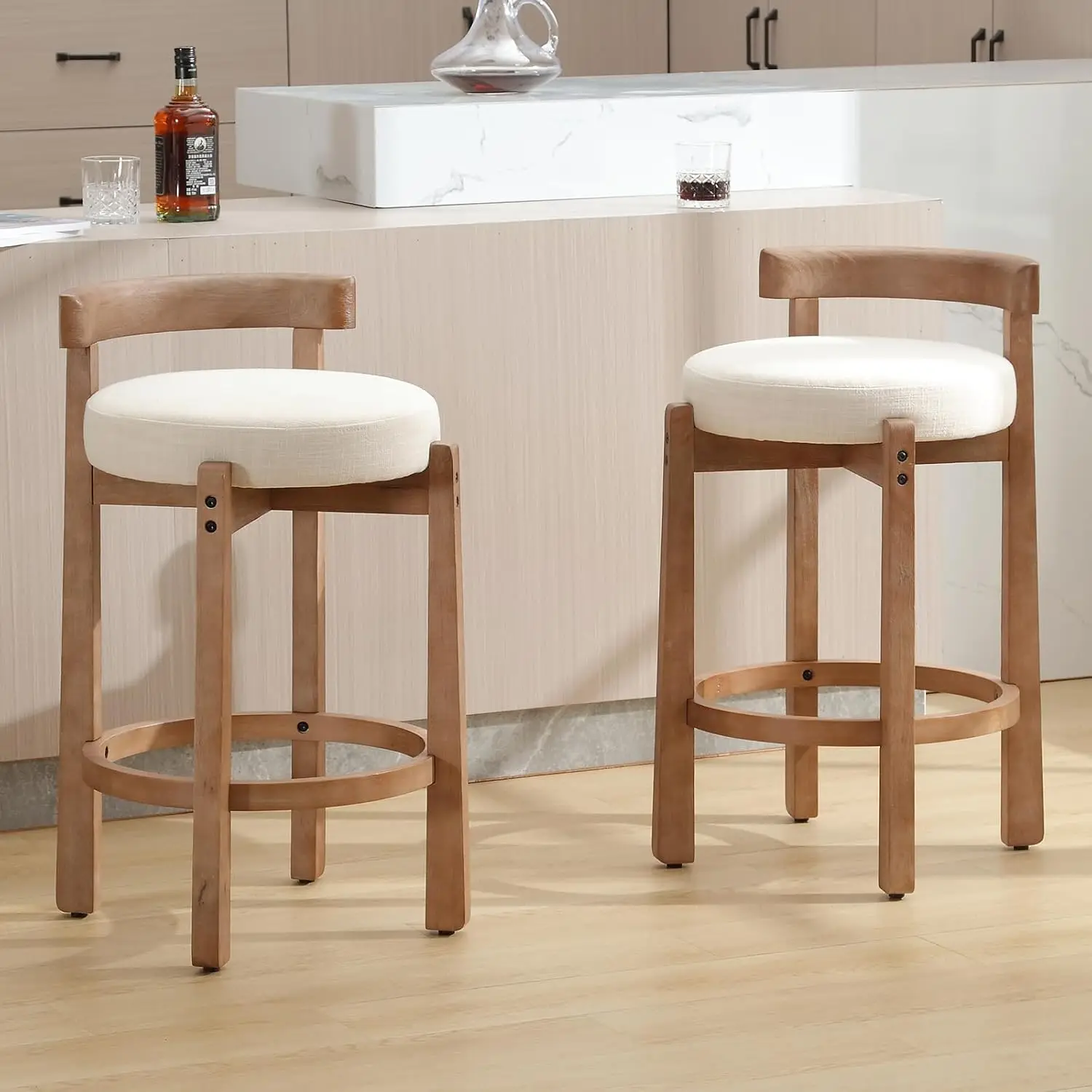

Mid Century Modern Bar Stools Set of 2, 26.5" Counter Stools with Back, Linen Upholstered Barstools with Solid Wood, Customized