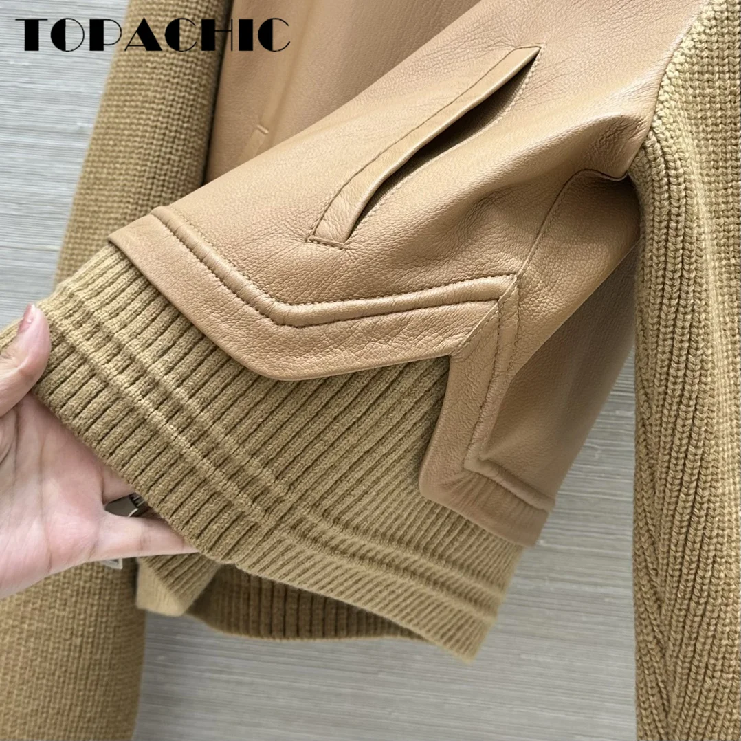 9.1 TOPACHIC-Women High Quality Coarse Yarn Knit Long Sleeve Spliced Genuine Leather Jacket Casual Straight Sheepskin Zipper