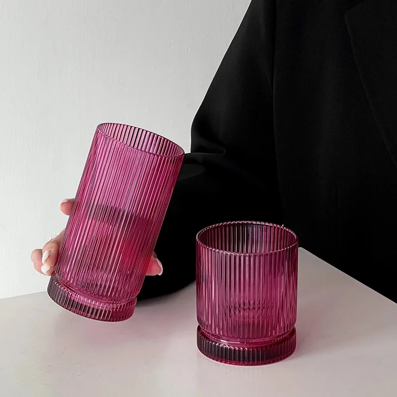 Creative Rose Striped Juice Cup Household Water Glasses Cup Vertical Striped Milk Coffee Cups Thick Bottom Whiskey Cups