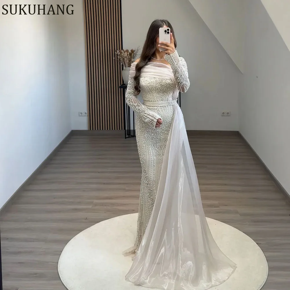 

SUKUHANG Роскошные вечерние платья русалки с тяжелым жемчугом и рукавами, длинные платья для выпускного вечера, вечерние платья в Дубае по индивидуальному заказу