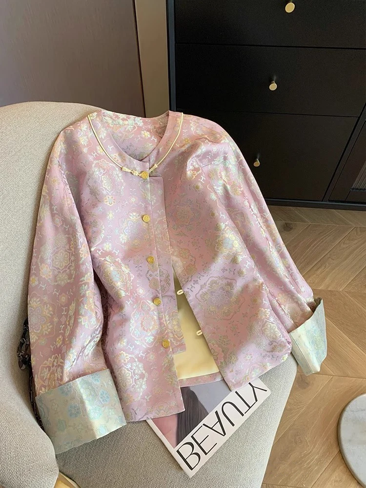 

Розовая традиционная китайская вышитая куртка с круглым вырезом и пуговицами, женская, весенне-осенняя, легкая, универсальная, милая, без рукавов